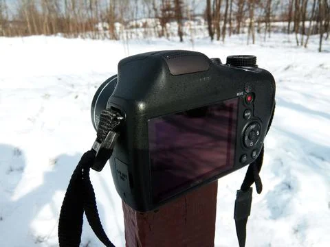 Camera on a pole in winter Foto stock