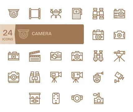 Camera Premium Vector Bundle with 24 64x64 Grid Fitted Bold Line Icons Stock Illustration