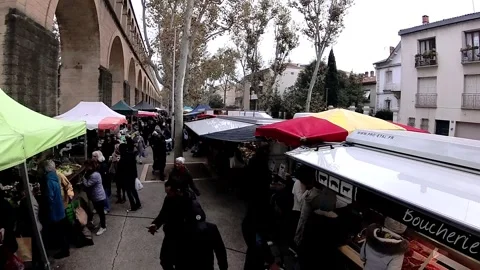 The camera provides high view over shoppers at outdoor market at French aqueduct Vídeo Stock 306329809