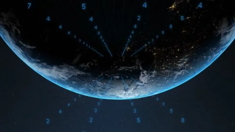 On camera pull planet night-side rotating while blue digits streaming Stock Footage 328685445