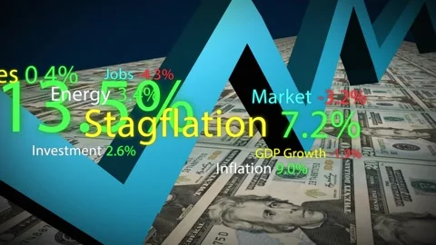 Camera pull starting 3D blue zigzag chart while neon labels and rates rising, 스톡 동영상 335314425