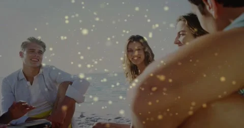 Camera pullback revealing beach friends jamming while guitarist strumming, drum Video stock 334040767