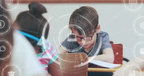 Camera pullback revealing boy with glasses writing in class HUD laptop icon Stock-Footage 331214178