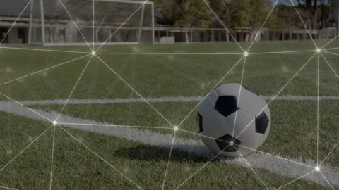 Camera pullback revealing soccer ball rolling along curve, sports overlay Video stock 332956408