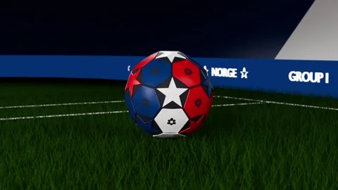 Camera pullback rotating red-blue-white soccer ball rolling onto turf settling Video stock 333286206