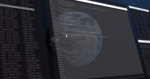 Camera pulling back, 3D globe rotating, editor sliding and JS code scrolling for Stock Footage 314744495