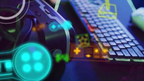 Camera pulling back and shifting, VR headset staying left, HUD icons pulsing, Vídeos de archivo 335465498
