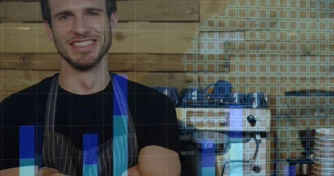 Camera pulling back, barista posing with crossed arms in cafe, animated graphs Video stock 331565470