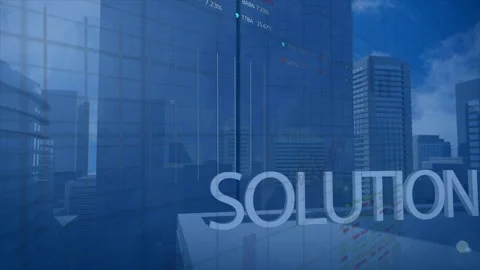 Camera pulling back, blue skyline revealing FOCUS SOLUTION SUCCESS with charts Stock Footage 332771972