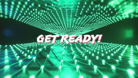 Camera pulling back, bold headline GET READY! popping as green node grid pulsing Stock Footage 332821940