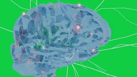 Camera pulling back brain spinning revealing pink nodes white wires showing Stock Footage 339724920