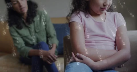 Camera pulling back child shifting smiling while mother urging calm, tech binary Stock Footage 329750933