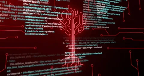 Camera pulling back, circuit-tree emerging in tech display, teal code rising, Stock Footage 331160838
