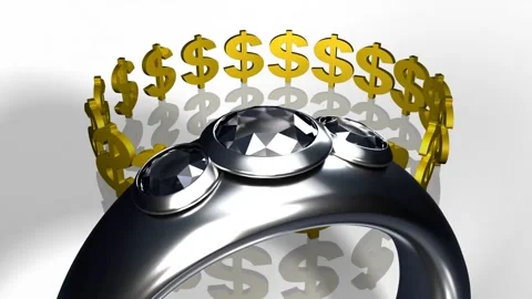 Camera pulling back from closeup, revealing metal ring, 3 gems and gold $ circle Stock Footage 339448719