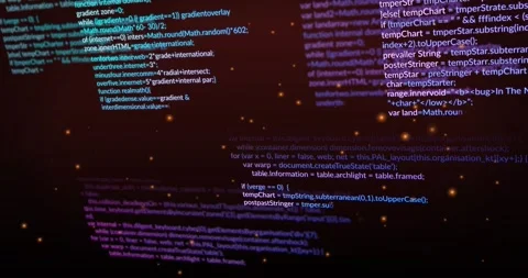Camera pulling back code columns panning and sharpening as orange particles Stock Footage 329472944
