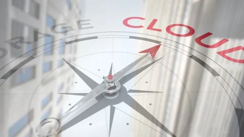 Camera pulling back, compass dial rotating, red arrow aligning to CLOUD, showing Stock Footage 330621719