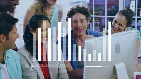 Camera pulling back, coworkers clustering around monitor, analyzing business Stock Footage 332577547