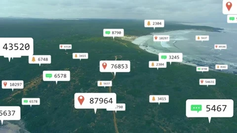 Camera pulling back, data tags appearing over coastal track, clustering, Stock Footage 320651878