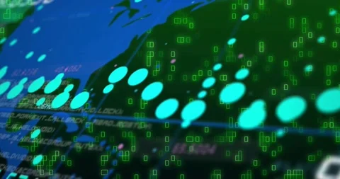 Camera pulling back, digital map showing teal markers moving while numbers Stock Footage 333967560