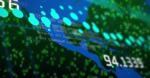 Camera pulling back, digital map showing teal markers moving while numbers Stockillustratie