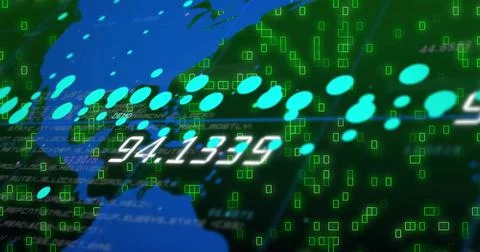 Camera pulling back, digital map showing teal markers moving while numbers Stockillustratie