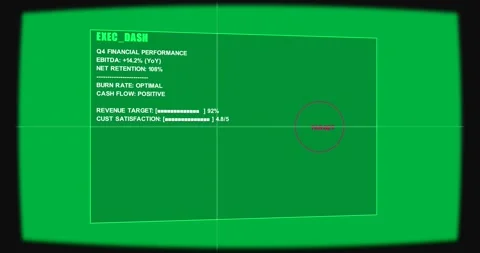 Camera pulling back EXEC_DASH showing Q4 metrics on transparent overlay Stock Footage 327352634