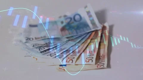 Camera pulling back, fanned Euro notes sharpening, candles and line graph Stock Footage 329454262