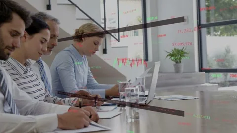 Camera pulling back, four-person team taking notes for financial analysis with Stock Footage 334744050
