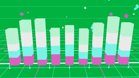 Camera pulling back from front-left, neon stacked bars rising on transparent bg, Stock Footage 334156314