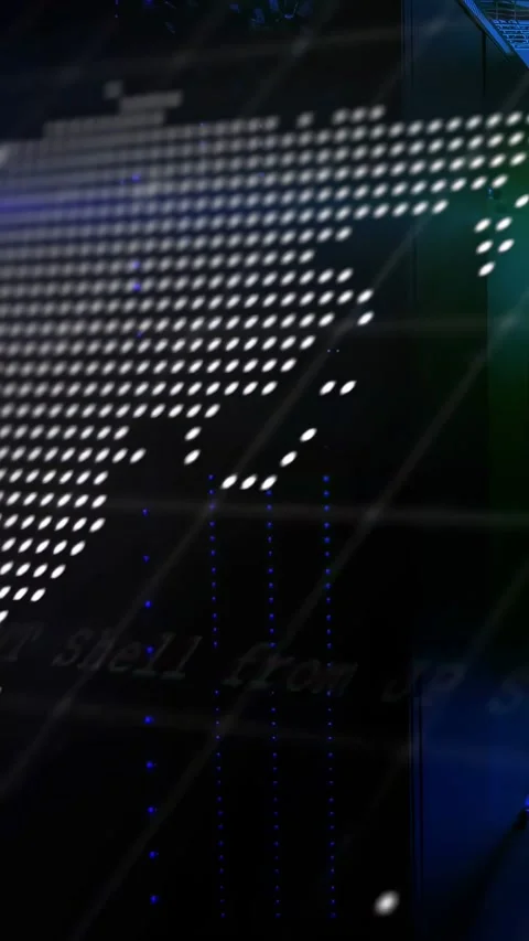 Camera pulling back, halftone world map revealing code, LED dots, grid lines Stock Footage 333005949