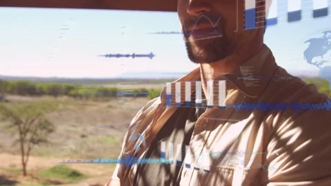 Camera pulling back, HUD charts appearing and drifting as man revealing smile, Stock Footage 332505031