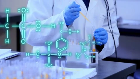 Camera pulling back, lab tech pipetting tubes at rack while teal molecules Stock Footage 335255266