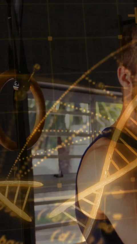 Camera pulling back, man shifting gaze, DNA overlay sweeping, woman centering, Stock Footage 331009594