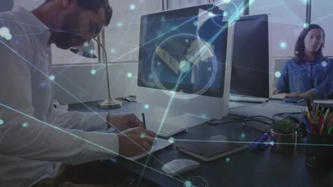 Camera pulling back, man writing notes and using pad, net overlay linking 3D Stock Footage 330980913