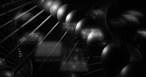 Camera pulling back, monochrome helix rotating, nodes and rods sweeping while Stock Footage 328485943