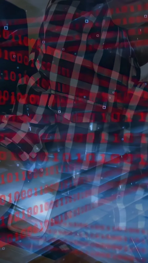 Camera pulling back, plaid man shifting, binary drifting across faces, revealing Video stock 332546845