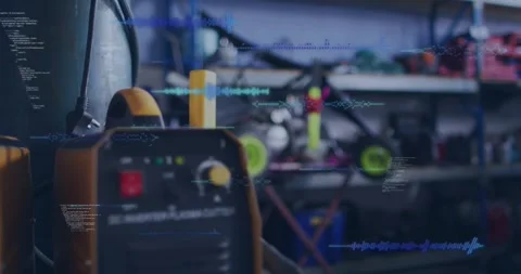 Camera pulling back, plasma cutter staying for checks as HUD overlays sliding in 库存影片 329946400