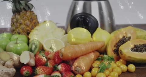 Camera pulling back revealing blender filling with sliced fruit for demo, binary Stock Footage 321377866