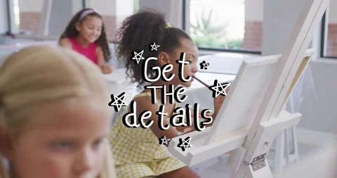 Camera pulling back revealing curly pupil painting at easel, overlay saying Get Stock Footage 330003724