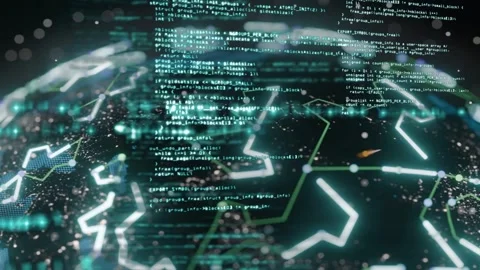 Camera pulling back revealing globe as code scrolling and networks growing Stock Footage 335761590