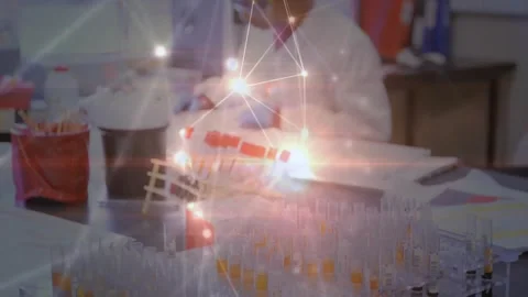 Camera pulling back revealing lab tech handling tubes at bench, glowing overlay Stock Footage 332285764