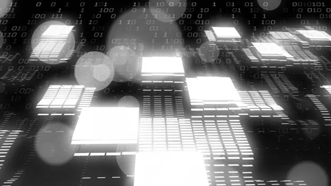 Camera pulling back, revealing lit tiles and streaming binary numerals, showing Stock Footage 332428474