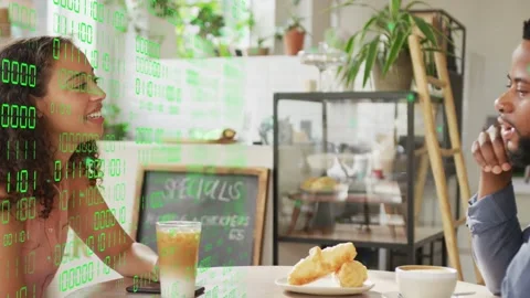 Camera pulling back revealing man woman sipping iced latte green code moving Stock Footage 333894115