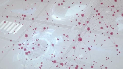 Camera pulling back revealing red node network floating over grid with vortex Stock Footage 320089302