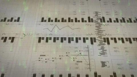 Camera pulling back revealing tech dashboard with bar and line charts, green Stock Footage 331126075
