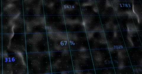 Camera pulling back revealing wavy point cloud, neon numbers pulsing and Stock Footage 329116644