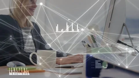 Camera pulling back revealing woman typing and sipping mug, animated nodes Stock Footage 335739911
