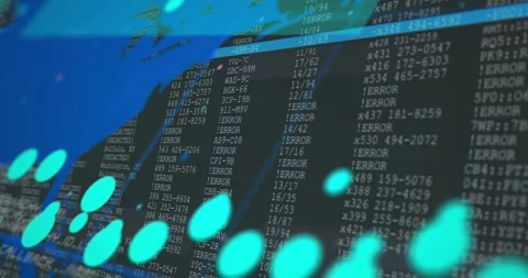 Camera pulling back revealing world map in data grid showing turquoise dots Stock Footage 331161491