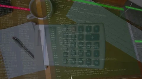 Camera pulling back rotating, calculator tilting, code overlay scrolling, Stock Footage 330159920