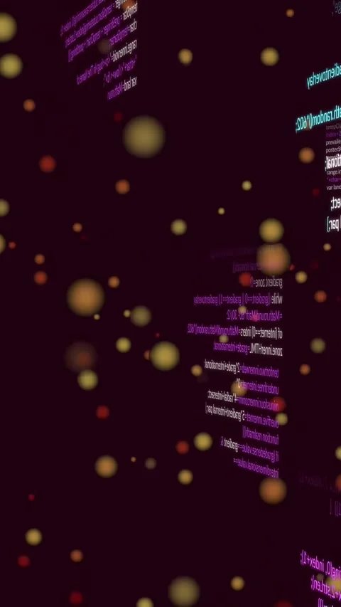 Camera pulling back, rotating, revealing right code column with drifting orbs, Stock Footage 330897031